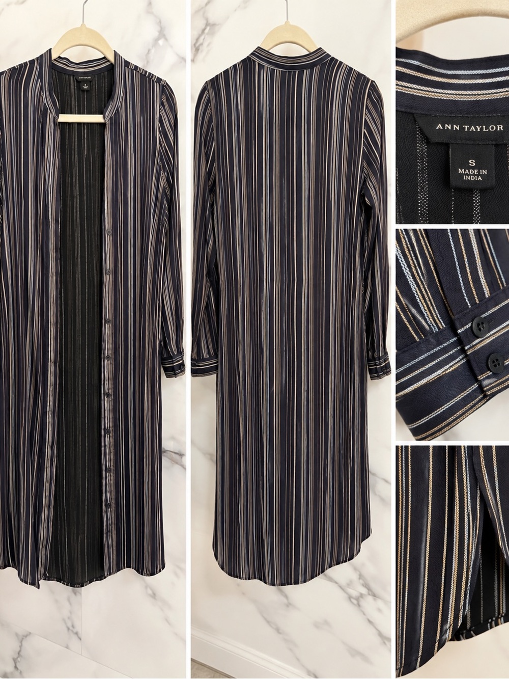 Ann Taylor Navy and Cream Striped Trench-Style Long Coat